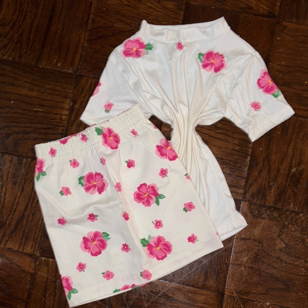 Floral Print White and Pink Two-Piece Set